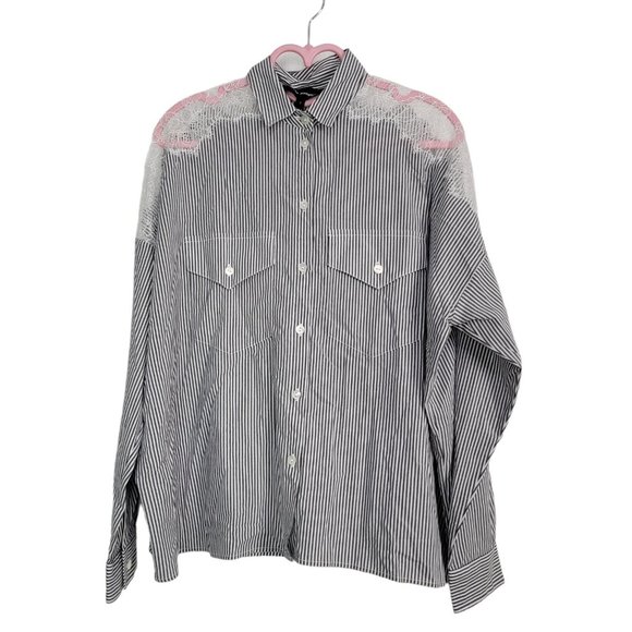 The Kooples Women White Long Sleeve Button-Down Pin Stripe Lace Shirt Size 1 S - Picture 1 of 6